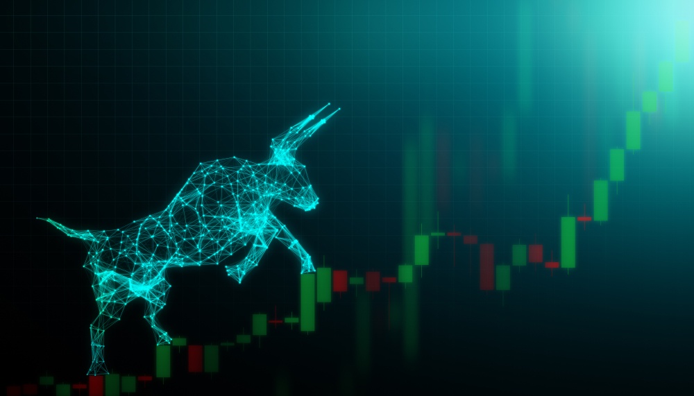 digital polygon bull climbing green candles. bull market conditions 