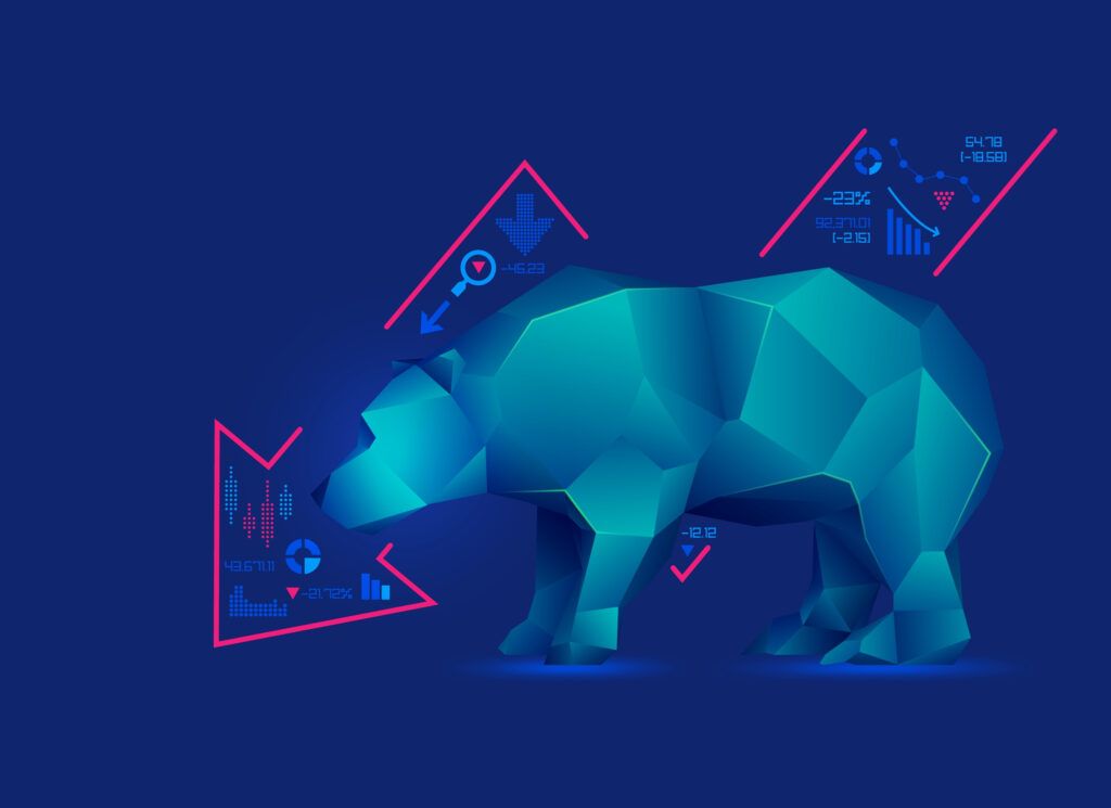 polygon bear design in neon color and digital markings. bear market prices heading lower 