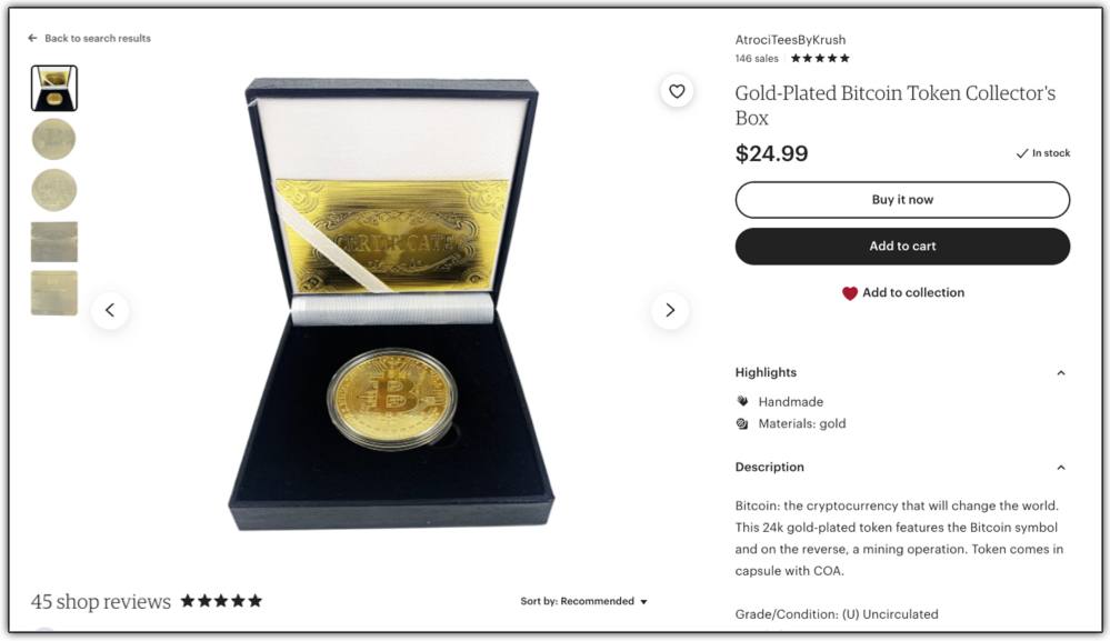 gold plated bitcoin in presentation box sold on etsy with certificate of authenticity 