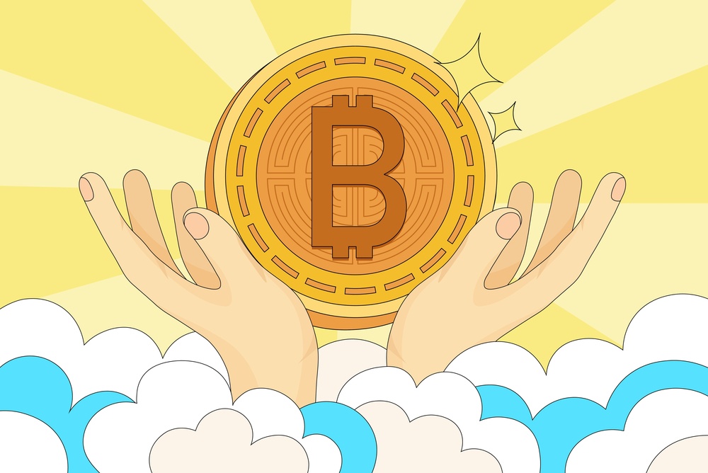 new bitcoin being created by angelic hands in the clouds. magic internet money 