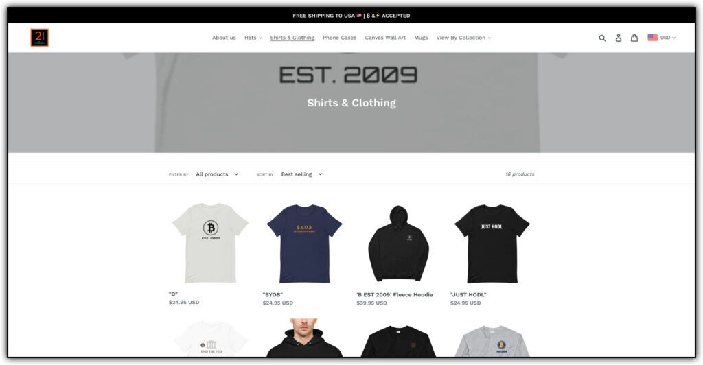 21 Million Co website bitcoin t-shirt listings 