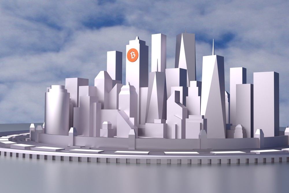 blank white texture 3d render of city skyscrapers with bitcoin label. Potential bitcoin citadel in the making 