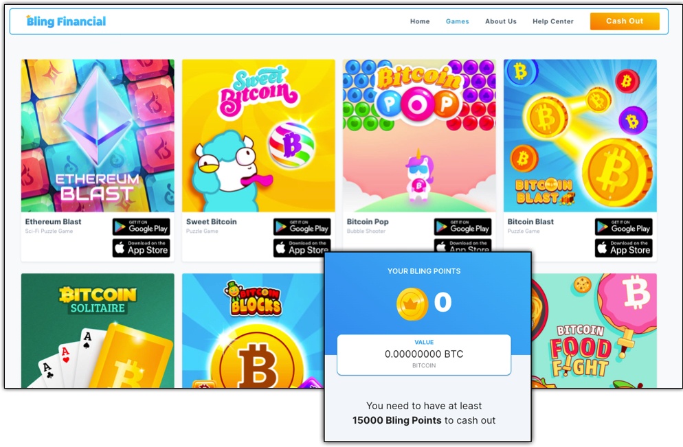 bling financial bitcoin and crypto games with  "bling points" chart