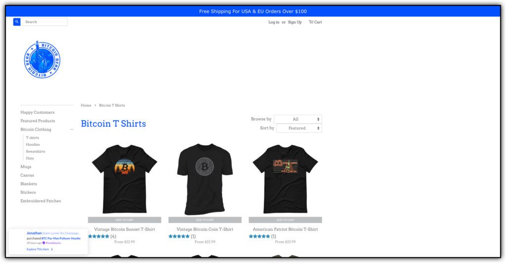 Bitcoin Gear website bitcoin t-shirt listings 