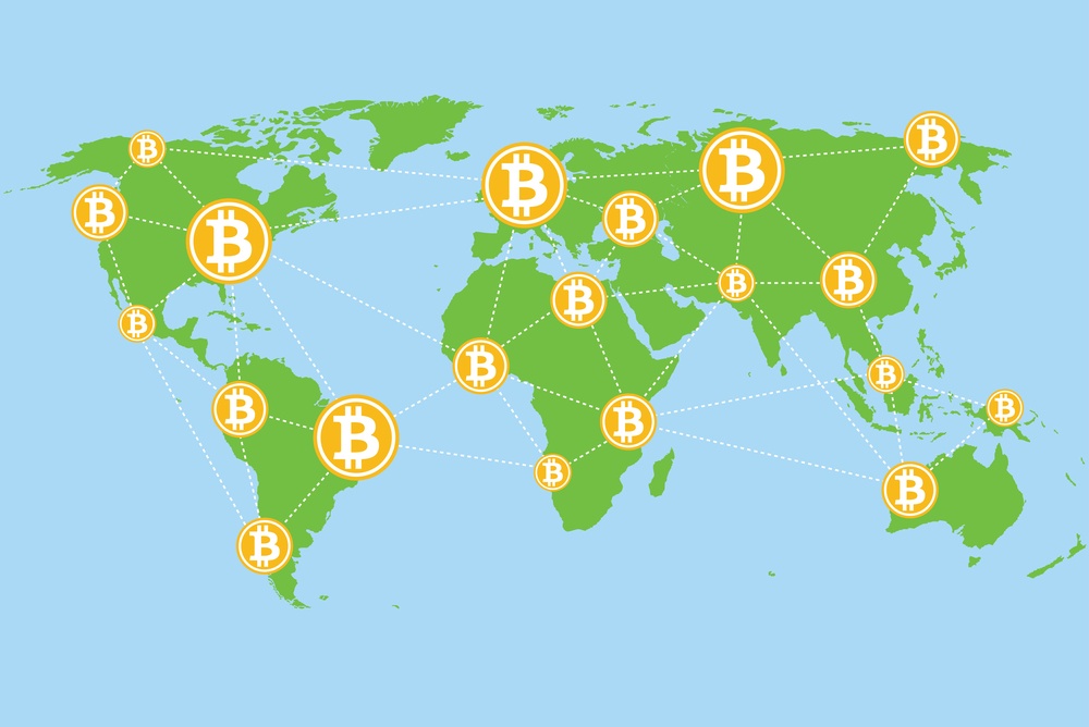 bitcoin network connected globally. flat map of the world with bitcoin connected on every continent 