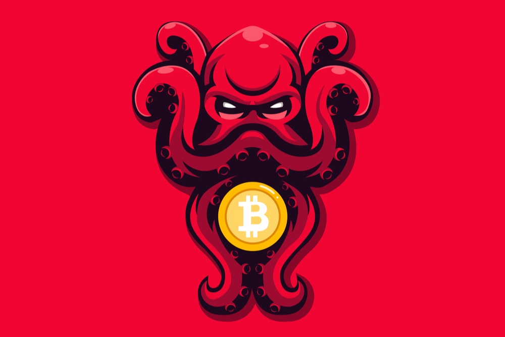 Best Bitcoin T-Shirt designs. A logo that may have been designed for a bitcoin t-short, showing a red cartoon octopus against a red background, with a cartoon bitcoin coin between his tentacles.  