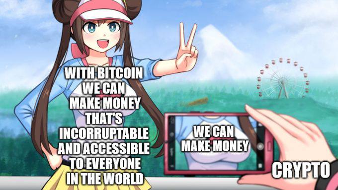 anime girl with innovative bitcoin language on t-shirt, with crypto camera focusing on the  "we can make money" part