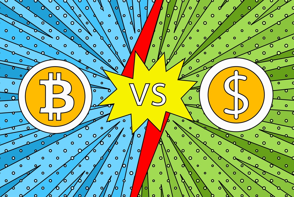 bitcoin versus the dollar in cartoon style 