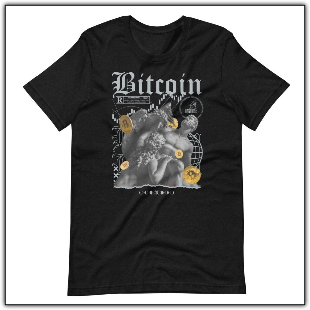 A black Bitcoin shirt with an image of a Greek statue surrounded by women and bitcoins.  