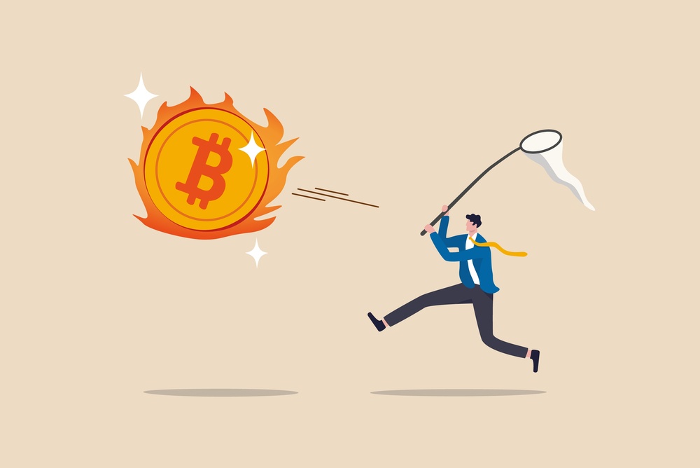 bitcoin on fire floating away with man trying to catch the flying bitcoin in a butterfly net. bitcoin fomo 