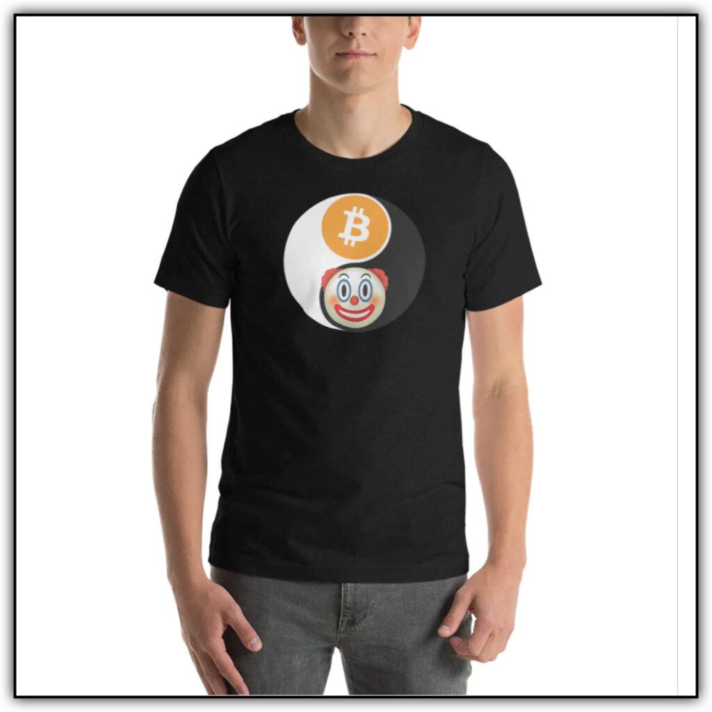 Clown World Bitcoin bitcoin and clown emoji of yin yang symbol to show balance between bitcoin ethos and clown world darkness.