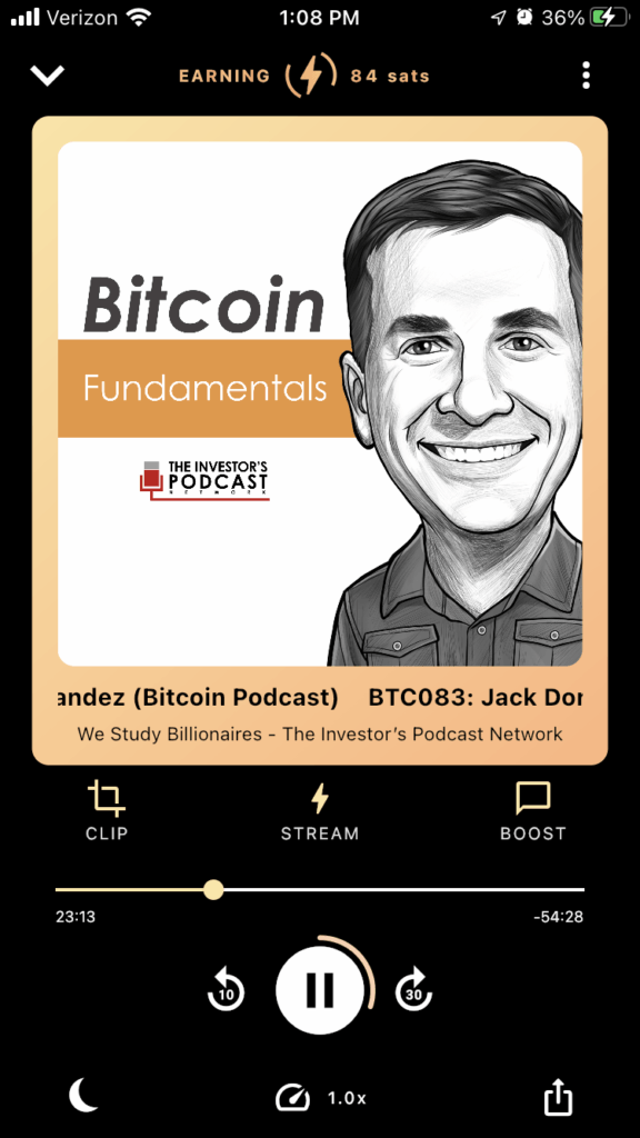 fountain podcast earning sats for listening to a podcast. bitcoin fundamentals podcast. earned 84 sats in 24 minutes 