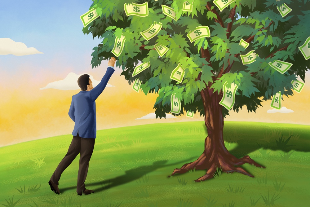 businessman in blue and brow suit pulling fiat cash from an old tree 