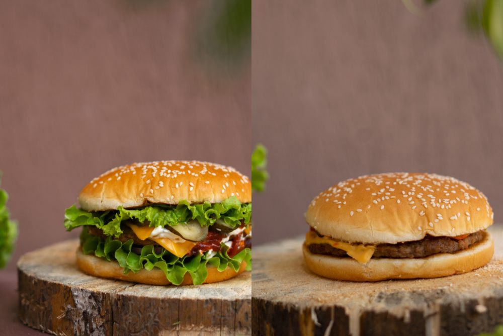 expectation vs reality. beautify hamburger on the left with floppy fast food garbage hamburger on the right 