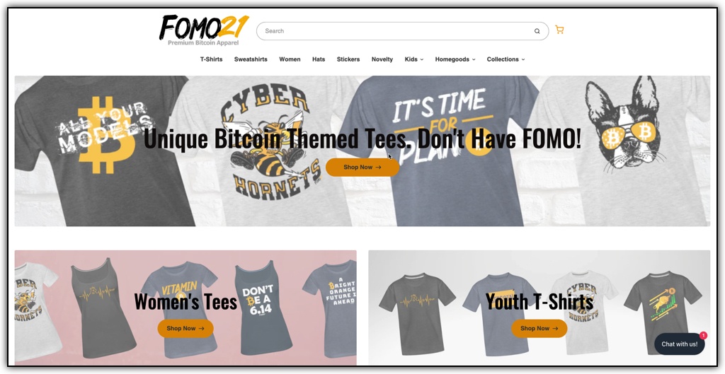 The storefront for FOMO21, showing sections for Bitcoin themed tees, women 's tees, and youth tees