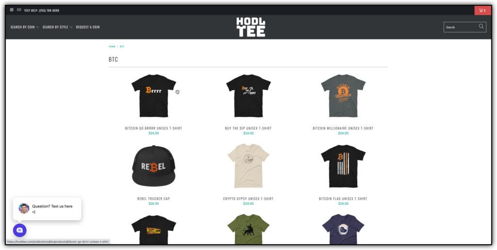 HODL Tee website bitcoin t-shirt listings 