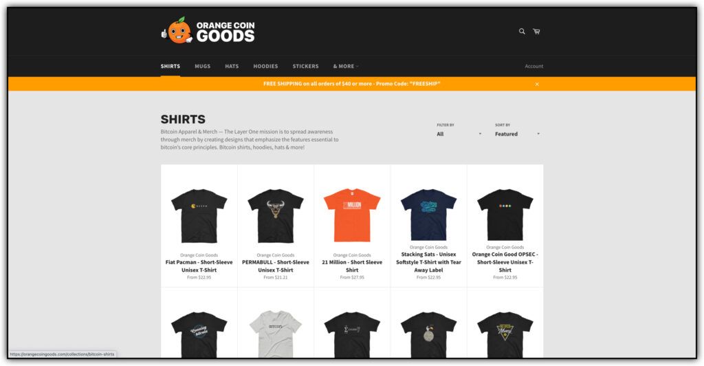 orange coin goods website bitcoin t-shirt listings 