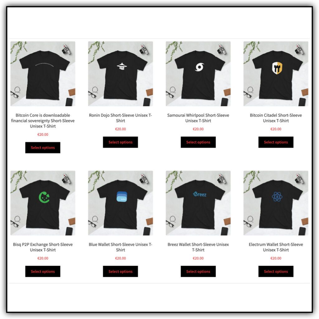 A storefront showing eight different black bitcoin shirts 