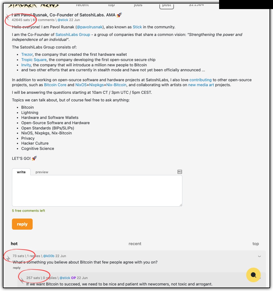 stacker news popular AMA (ask me anything) worth 42,000 sats. Top comment earned 72 sats and reply earned 257 sats 