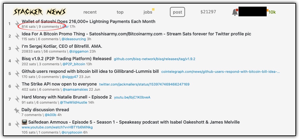 stacker news front page with sats earned per each popular news report 