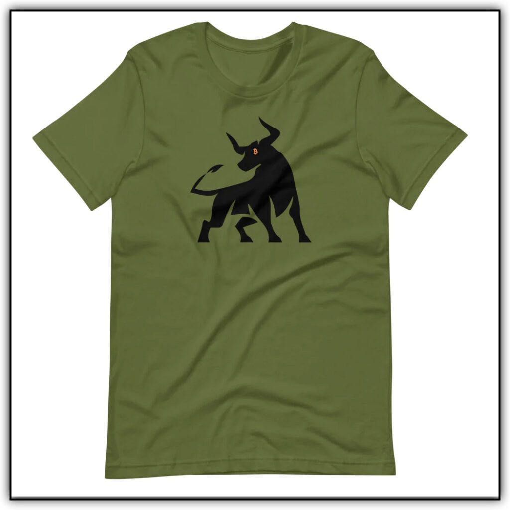 stylized bitcoin bull on olive green shirt 