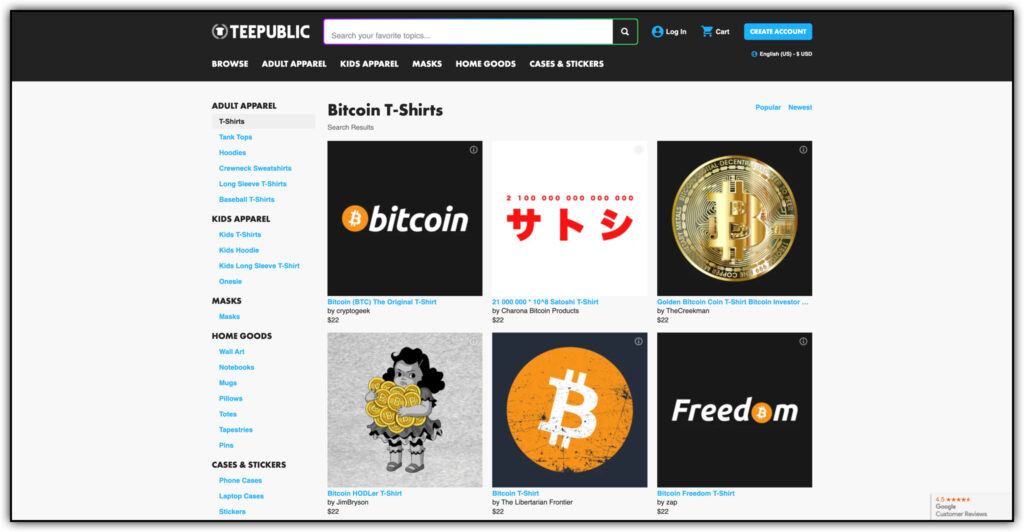 Tee Public website bitcoin t-shirt listings 