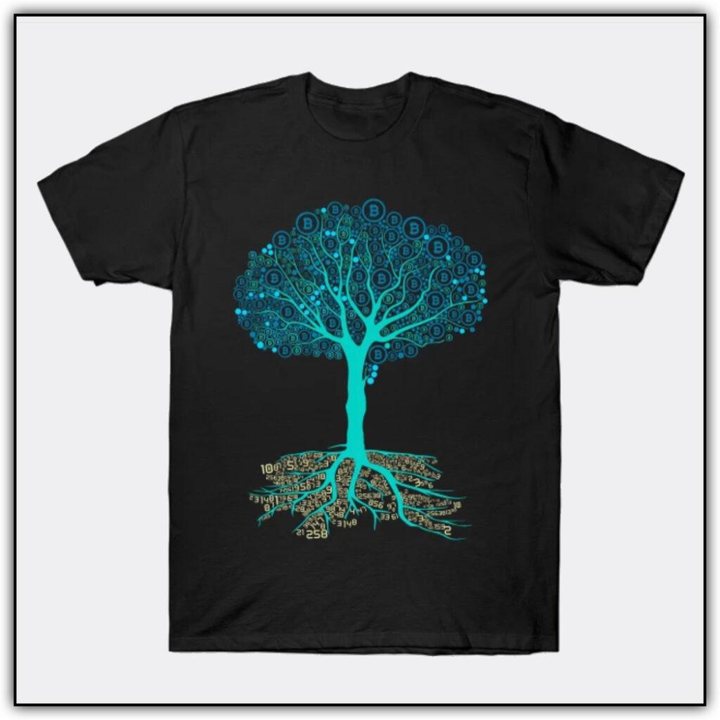 tree of life bitcoin in blue with code at roots 