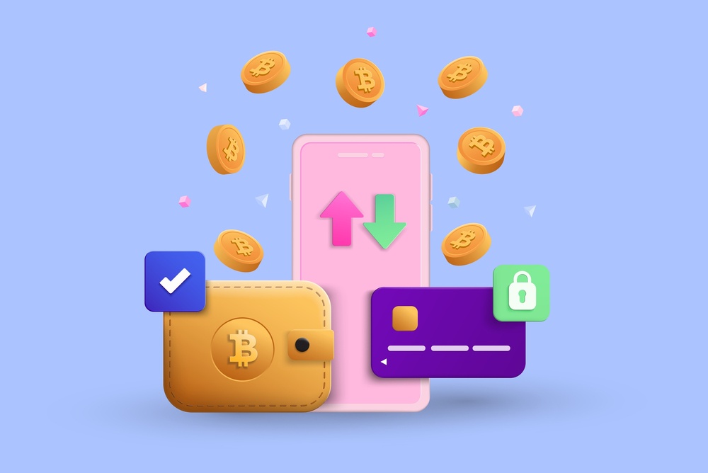 affiliate programs paying that pay in bitcoin. pink smartphone with bitcoins flowing in and out of the phone and other financial products like a physical wallet and credit card. 