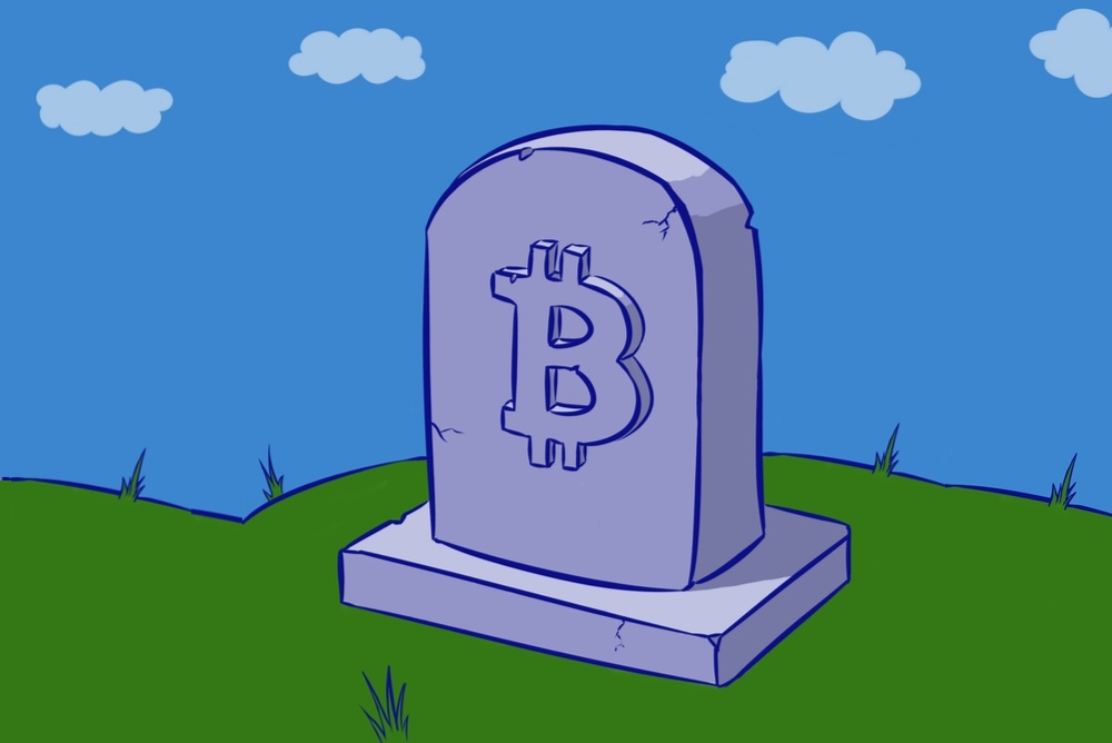 gravestone with the bitcoin symbol carved into it. Sunny day with white clouds and green grass 