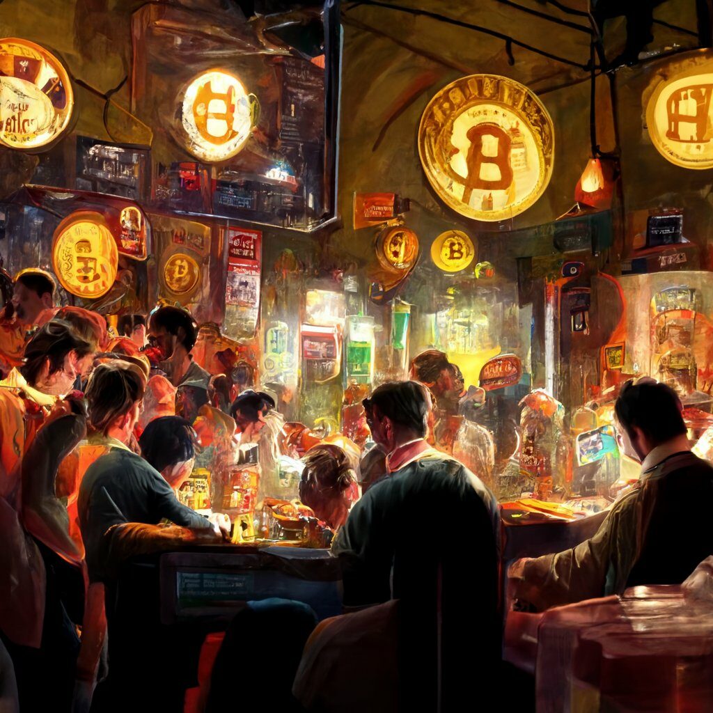 Bitcoin Meetup At A Bar art image generated by artificial intelligence art generator 