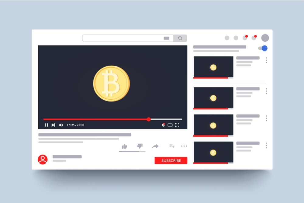 YouTube video with playlist and bitcoin logos. Bitcoin YouTube Channels concept 