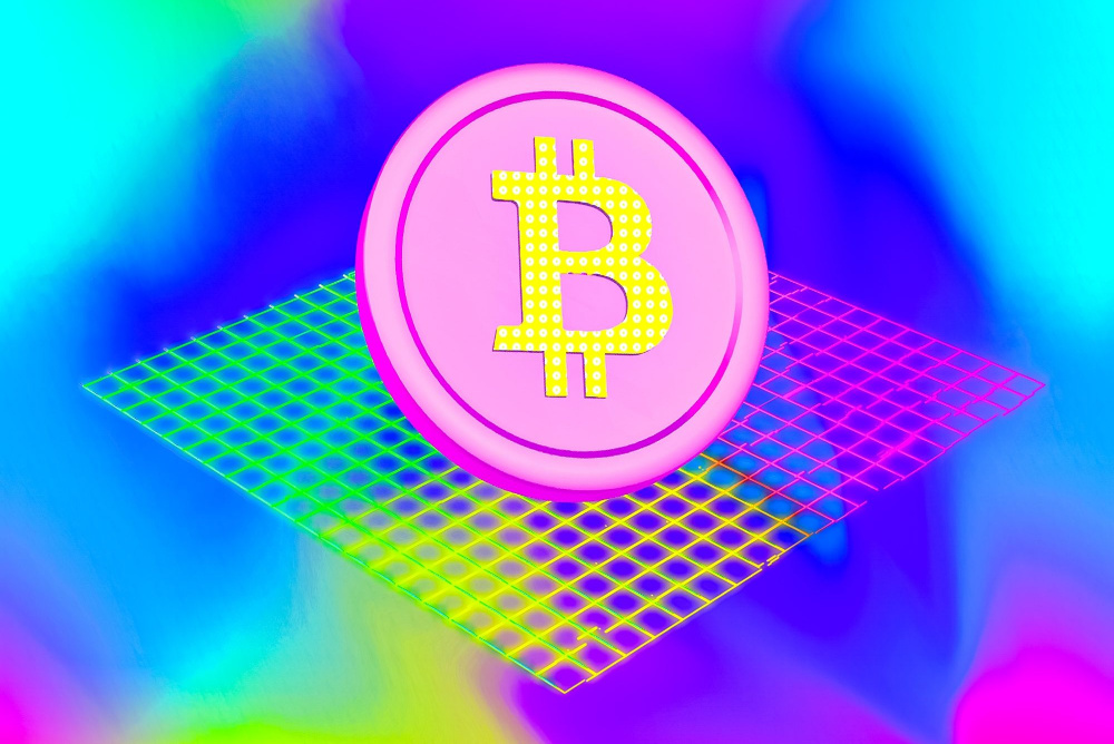 multicolored bitcoin on 3d cyberspace grid. hyperreality bitcoin design 