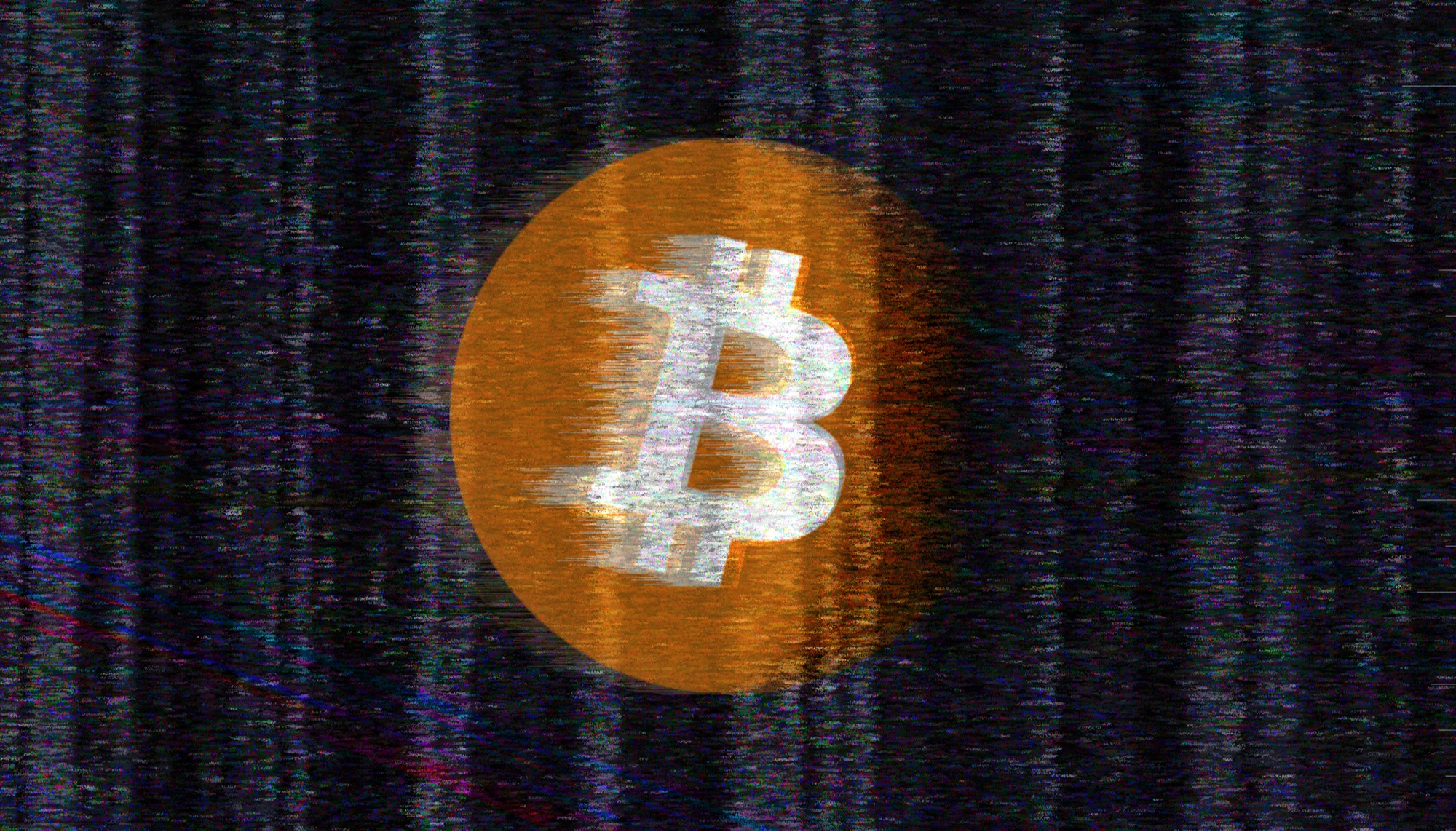 orange bitcoin logo appearing as signal through static noise and fuzz 