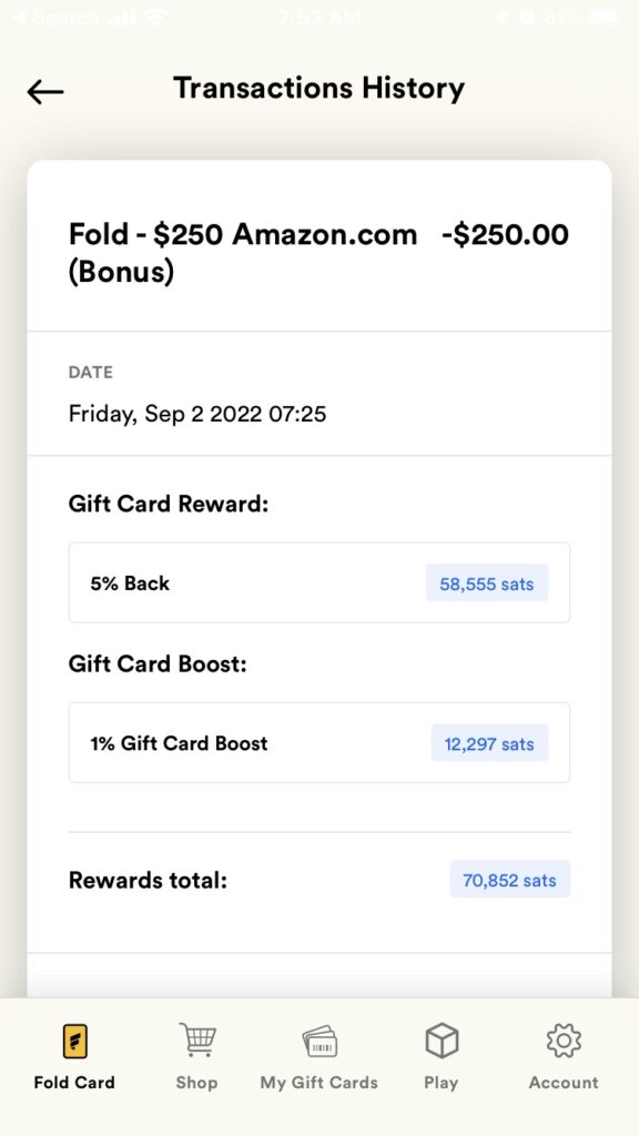 screenshot of purchase receipt for 0 Amazon gift card using Fold 