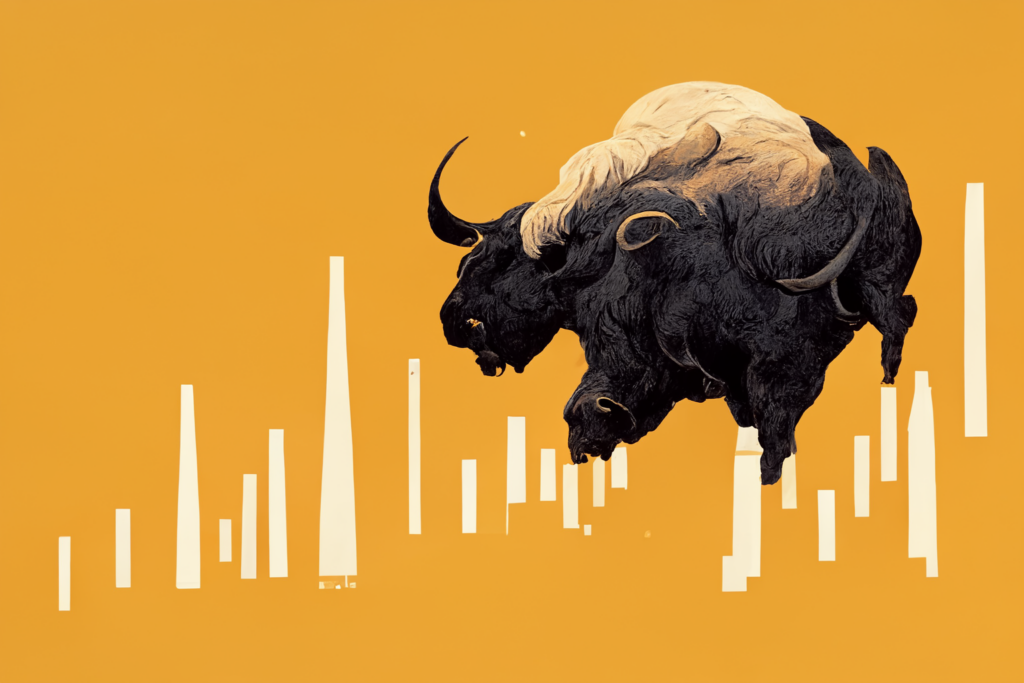 bull market concept. rising candlestick chart on orange background with a.i. generate bull 