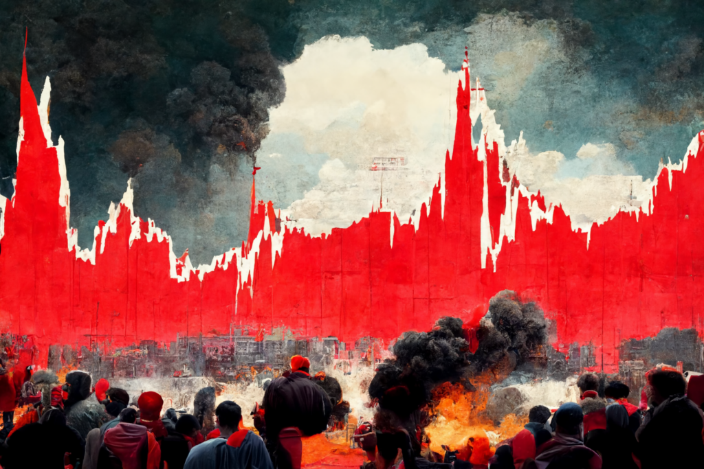 is bitcoin going to crash. red mountains with ominous signals in the background. crowd watching while the city burns. 