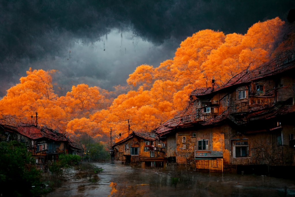 will bitcoin fail? ominous rainy town with orange trees and dark clouds on the horizon 