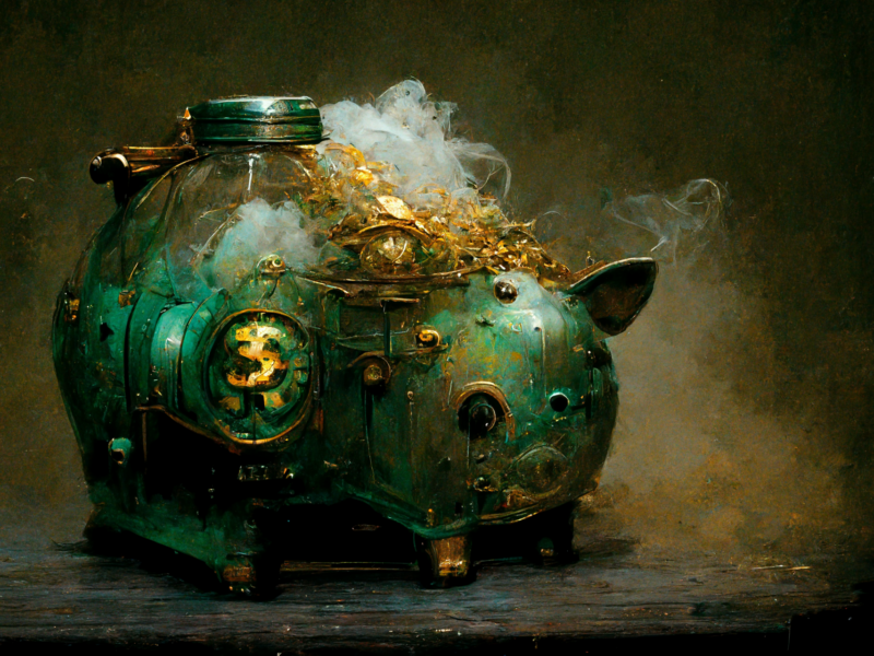 bitcoin piggy bank in the style of green and gold steam punk