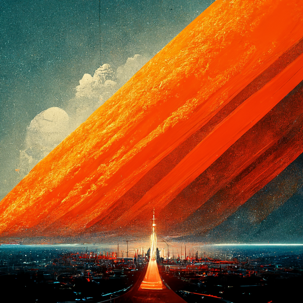 70s sci fi art with bright orange monolith above futuristic city 