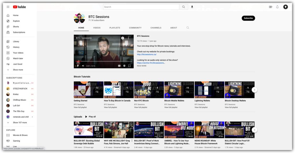 screenshot of BTC Session YouTube channel showing Why Are We Bullish weekly video uploads 
