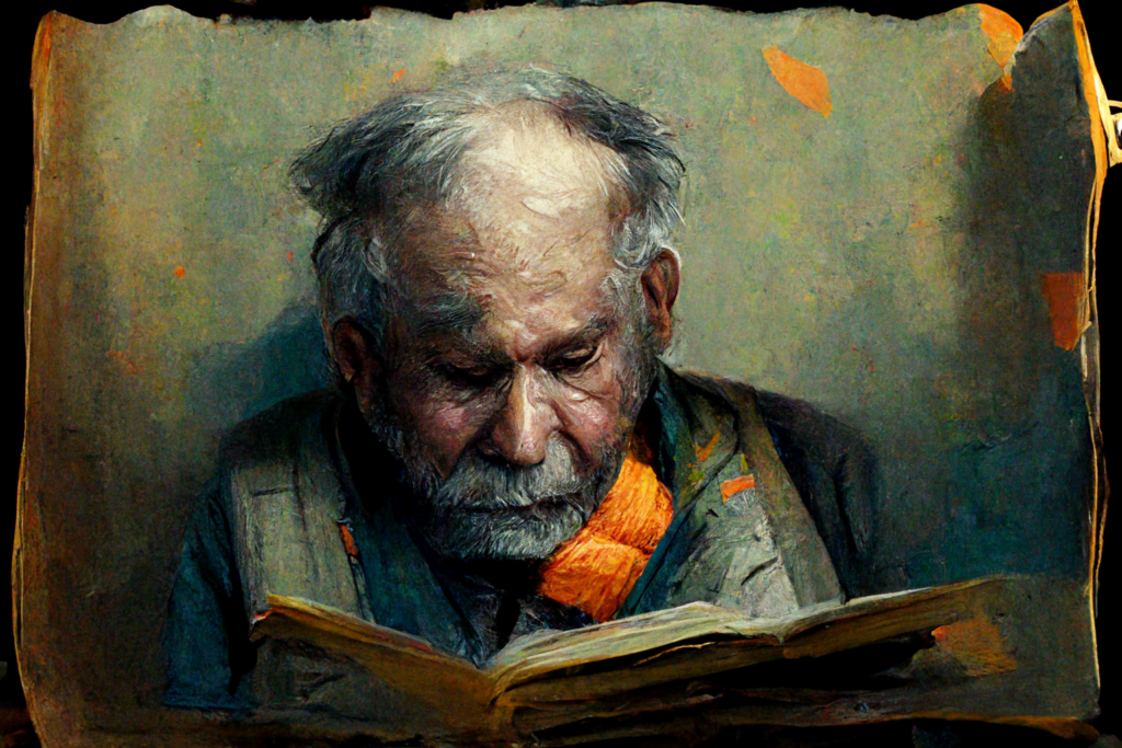 wise old man with orange sash reading a tattered book 