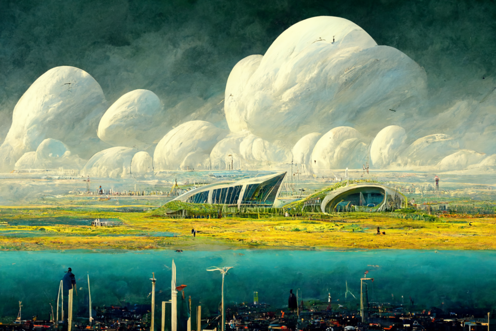 solarpunk utopia landscape with dramatic clouds in background 