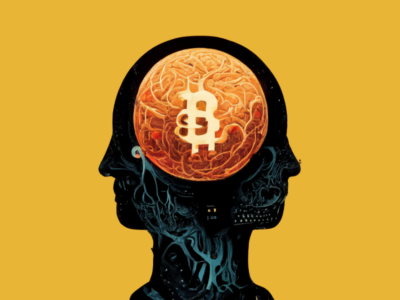 brain network inside silhouette of head with the bitcoin logo 