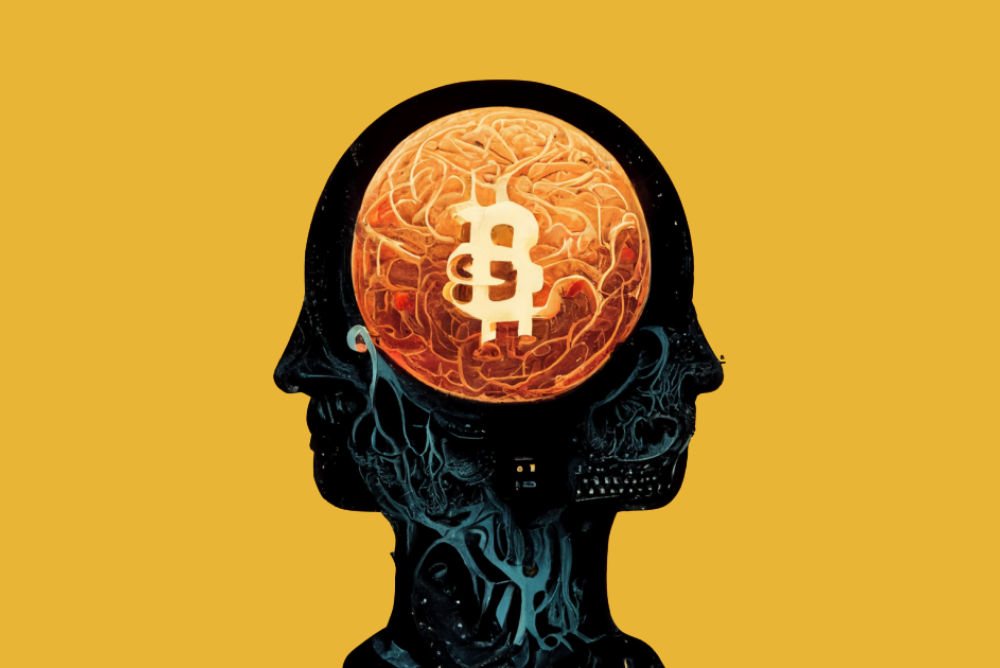 brain network inside silhouette of head with the bitcoin logo 