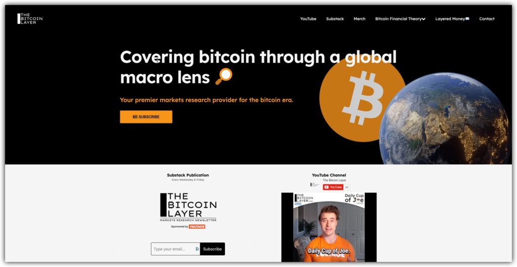 screenshot of the bitcoin layer website with links to YouTube, Substack, and book 