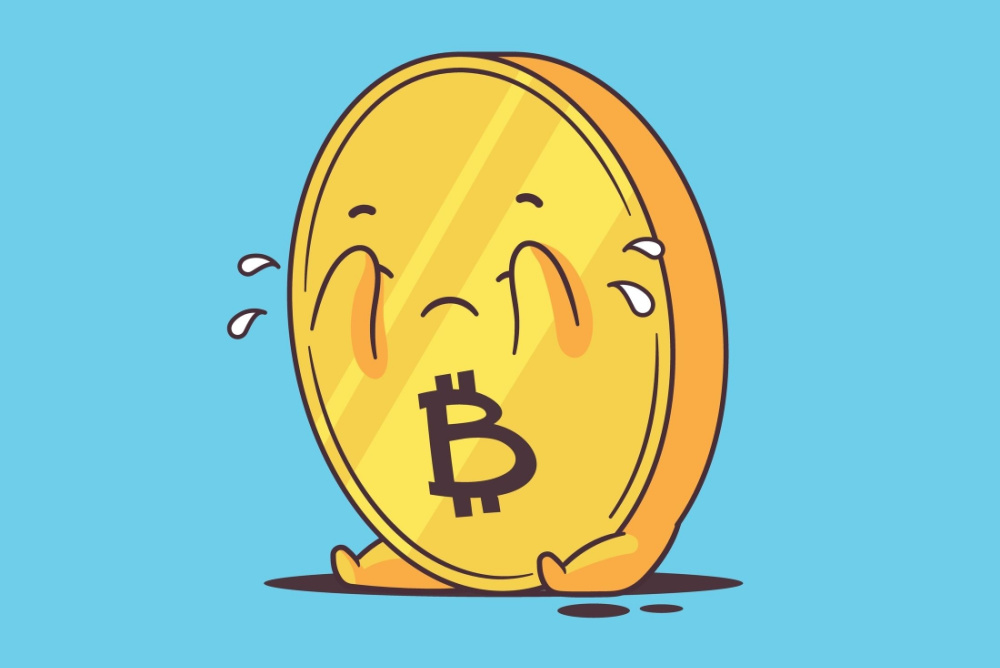 Forced seller in bitcoin. bitcoin coin with hands over eyes crying with tears. 