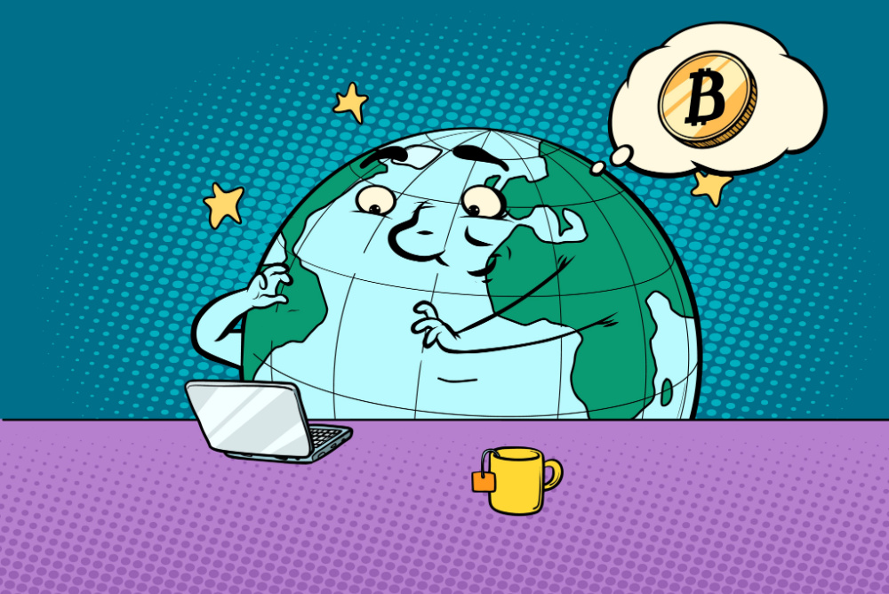 blue and green planet cartoon character typing on a laptop and thinking about bitcoin 