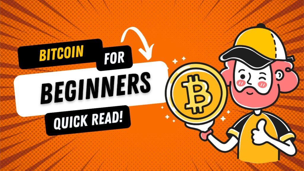 bitcoin for beginners. cartoon of happy man holding bitcoin. learning about bitcoin. beginner's guide