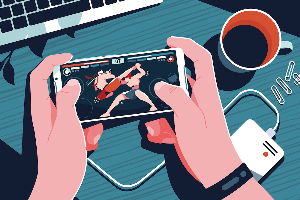 anime representation of a person playing a mobile fighting game with a cup of coffee and a laptop computer in the background 