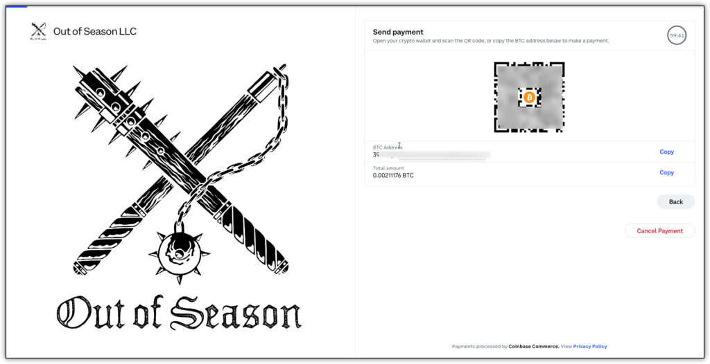 out of season bitcoin payment screenshot 
